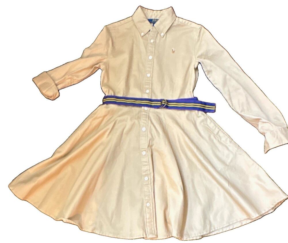 Polo Ralph Lauren Girls Button Front Shirt Dress Chino Belted Long Sleeve 12